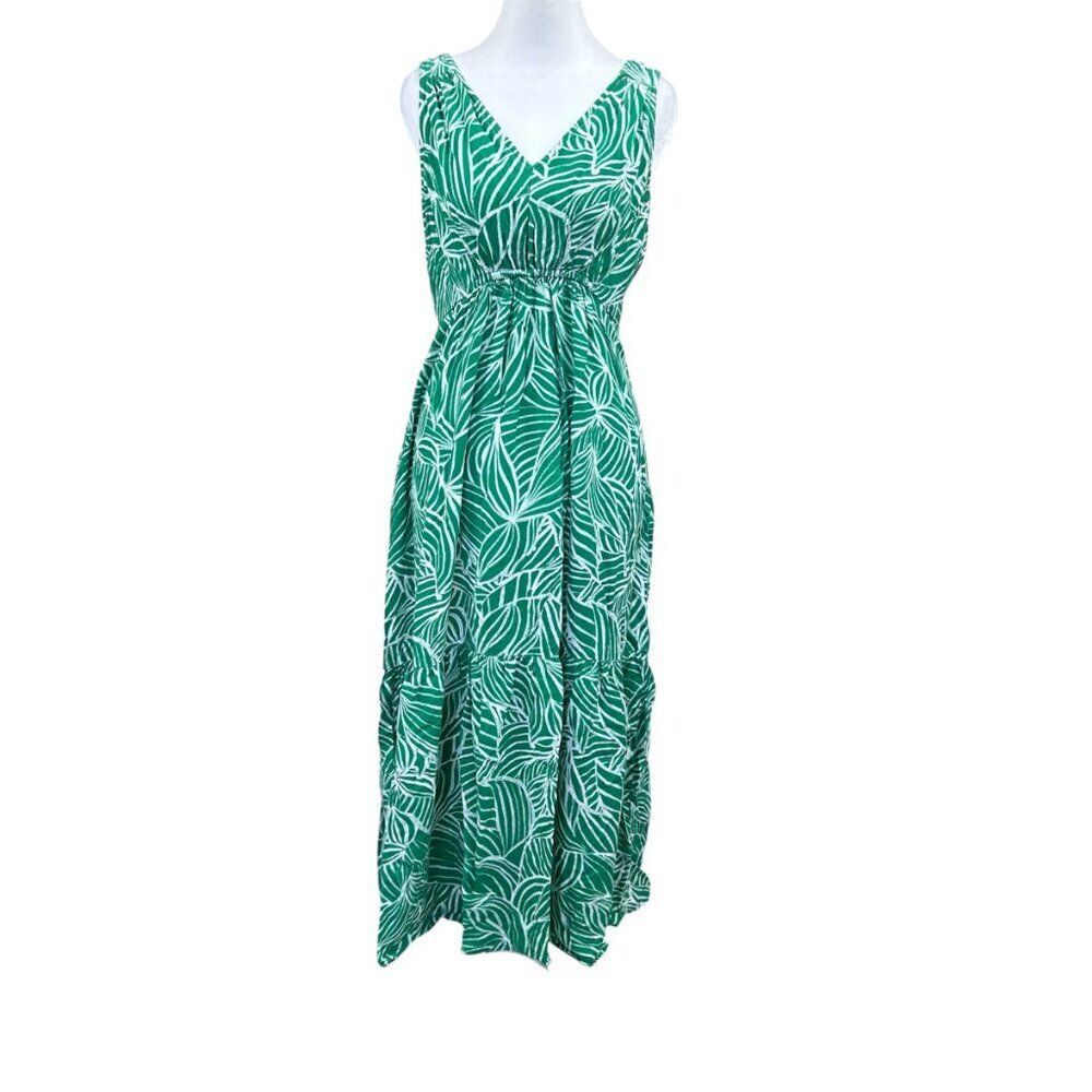 Japna Midi Maxi Dress Sleeveless Tropical Tiered V Neck Sz L Green